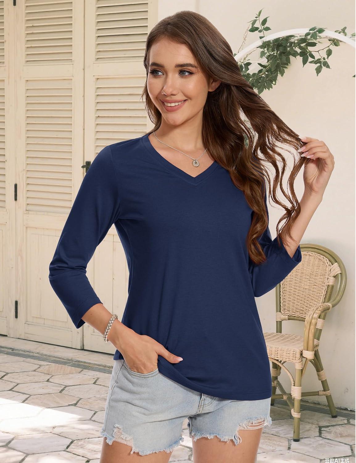 imageMAGCOMSEN 34 Sleeve T Shirts for Women V Neck Tshirts Cotton UPF50 Summer Tops Casual TShirts Basic Tees 2025Navy