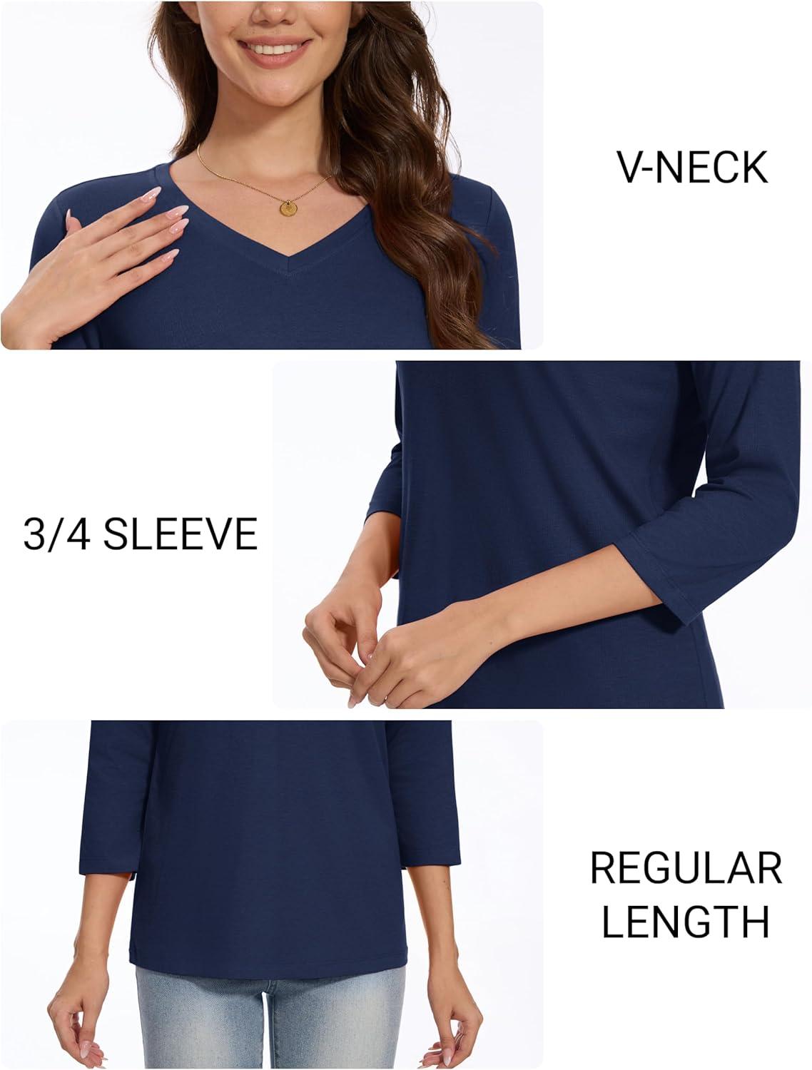 imageMAGCOMSEN 34 Sleeve T Shirts for Women V Neck Tshirts Cotton UPF50 Summer Tops Casual TShirts Basic Tees 2025Navy