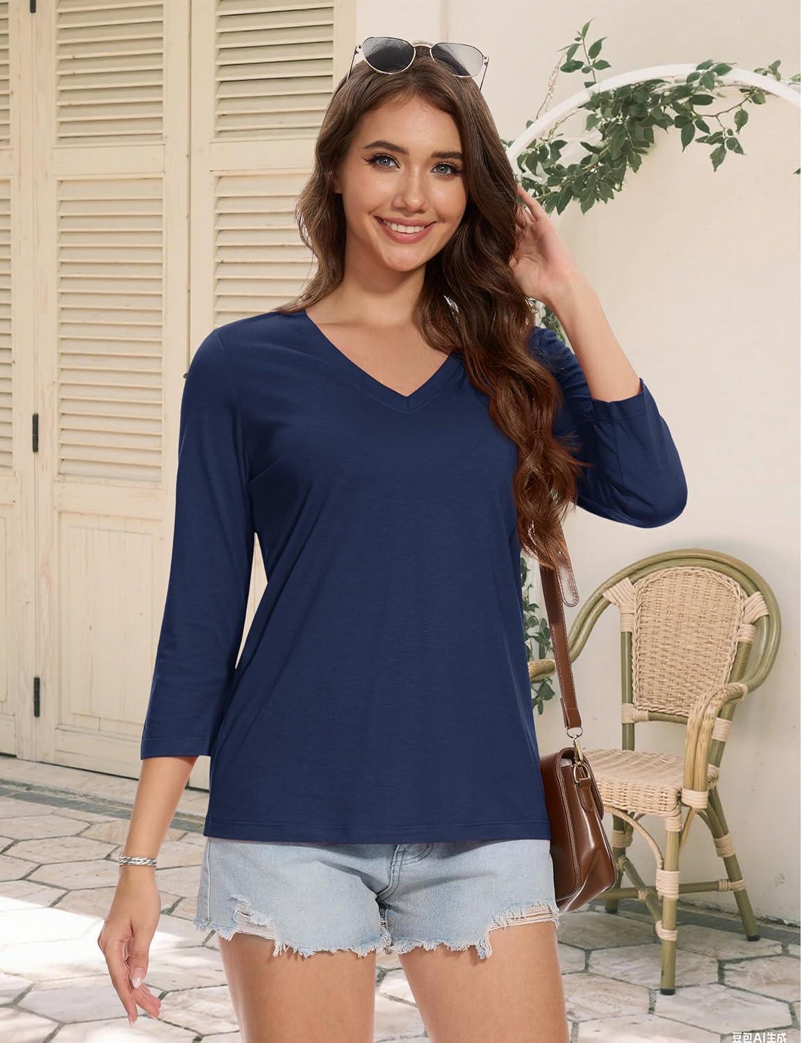 imageMAGCOMSEN 34 Sleeve T Shirts for Women V Neck Tshirts Cotton UPF50 Summer Tops Casual TShirts Basic Tees 2025Navy