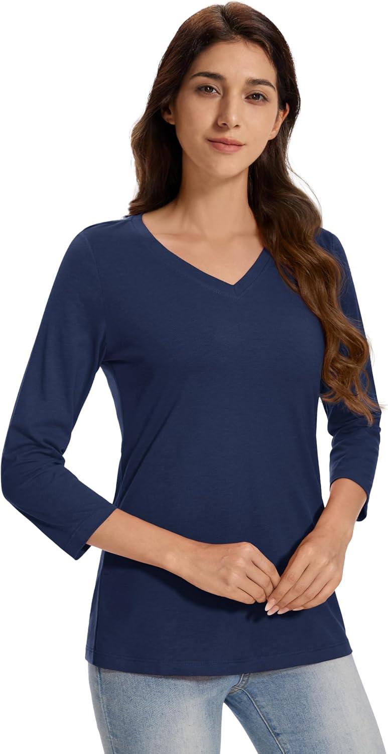 imageMAGCOMSEN 34 Sleeve T Shirts for Women V Neck Tshirts Cotton UPF50 Summer Tops Casual TShirts Basic Tees 2025Navy