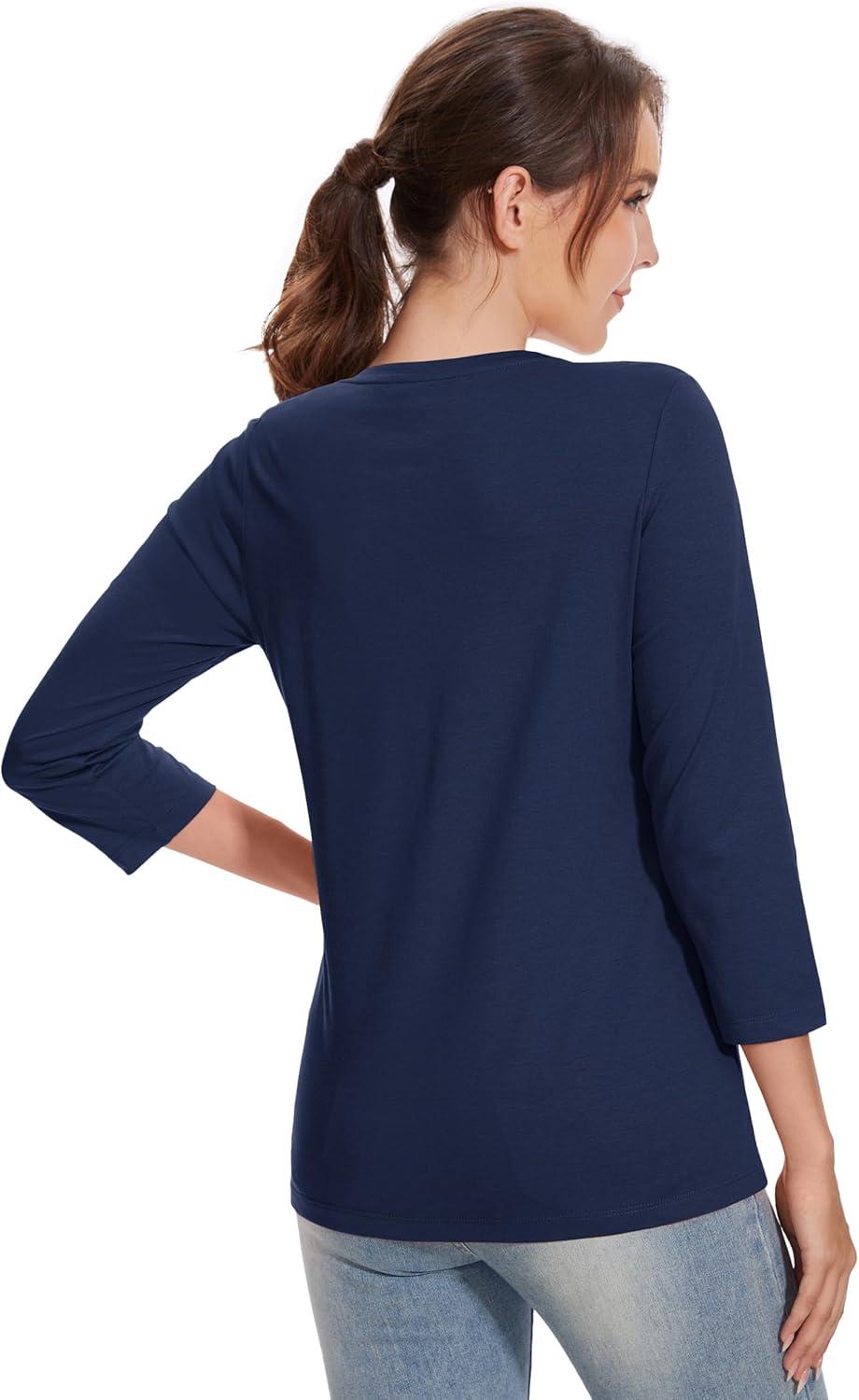 imageMAGCOMSEN 34 Sleeve T Shirts for Women V Neck Tshirts Cotton UPF50 Summer Tops Casual TShirts Basic Tees 2025Navy