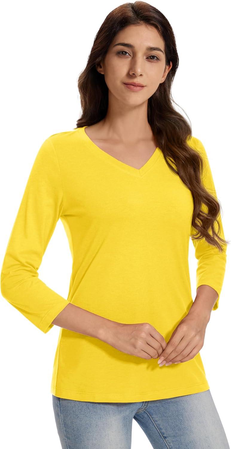 imageMAGCOMSEN 34 Sleeve T Shirts for Women V Neck Tshirts Cotton UPF50 Summer Tops Casual TShirts Basic Tees 2025Yellow