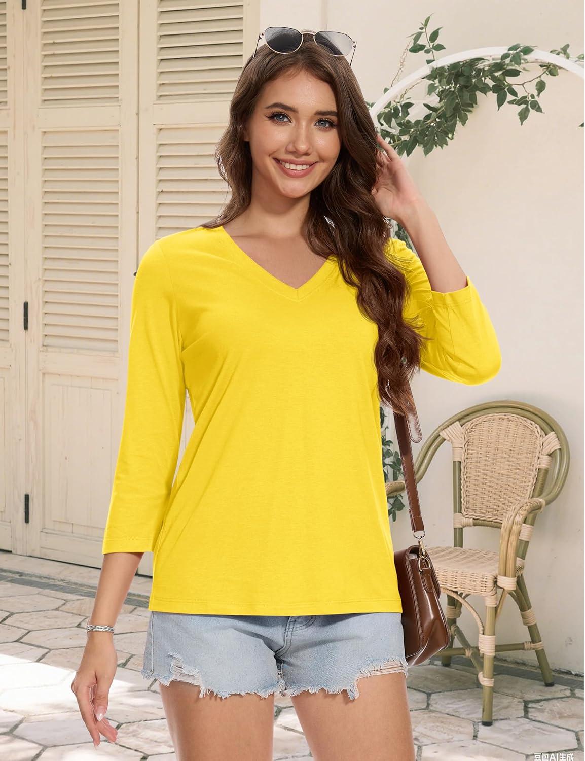 imageMAGCOMSEN 34 Sleeve T Shirts for Women V Neck Tshirts Cotton UPF50 Summer Tops Casual TShirts Basic Tees 2025Yellow