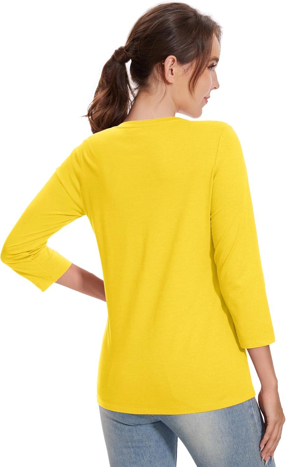imageMAGCOMSEN 34 Sleeve T Shirts for Women V Neck Tshirts Cotton UPF50 Summer Tops Casual TShirts Basic Tees 2025Yellow