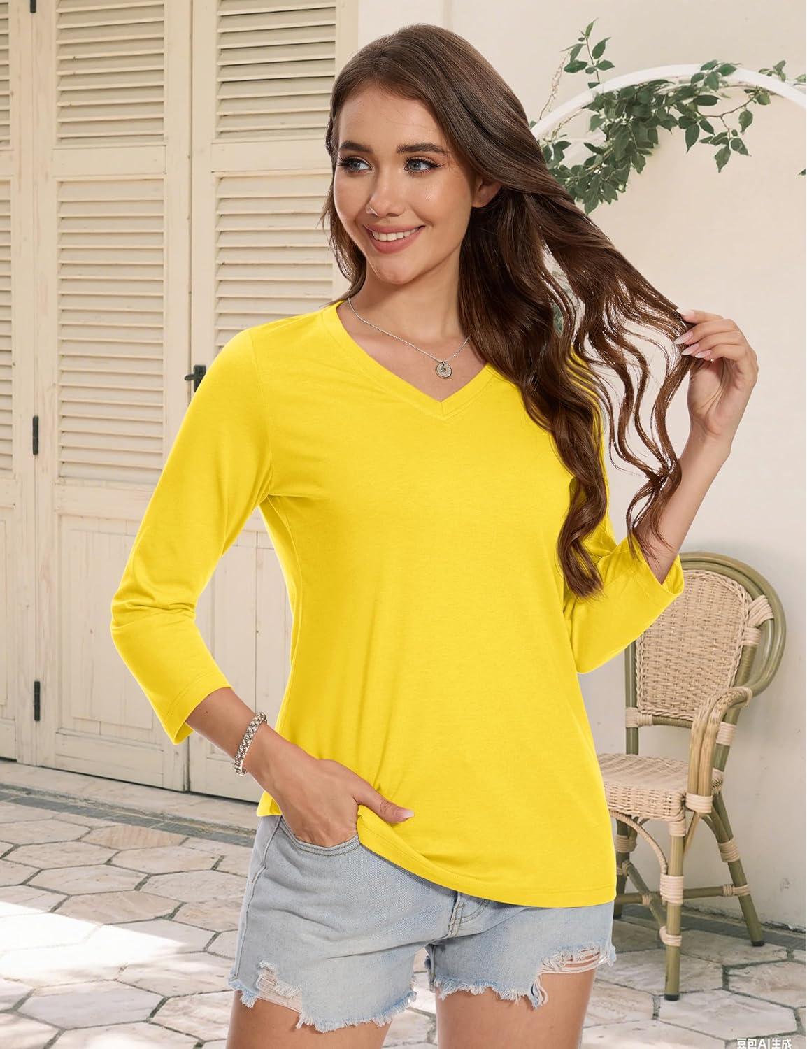 imageMAGCOMSEN 34 Sleeve T Shirts for Women V Neck Tshirts Cotton UPF50 Summer Tops Casual TShirts Basic Tees 2025Yellow