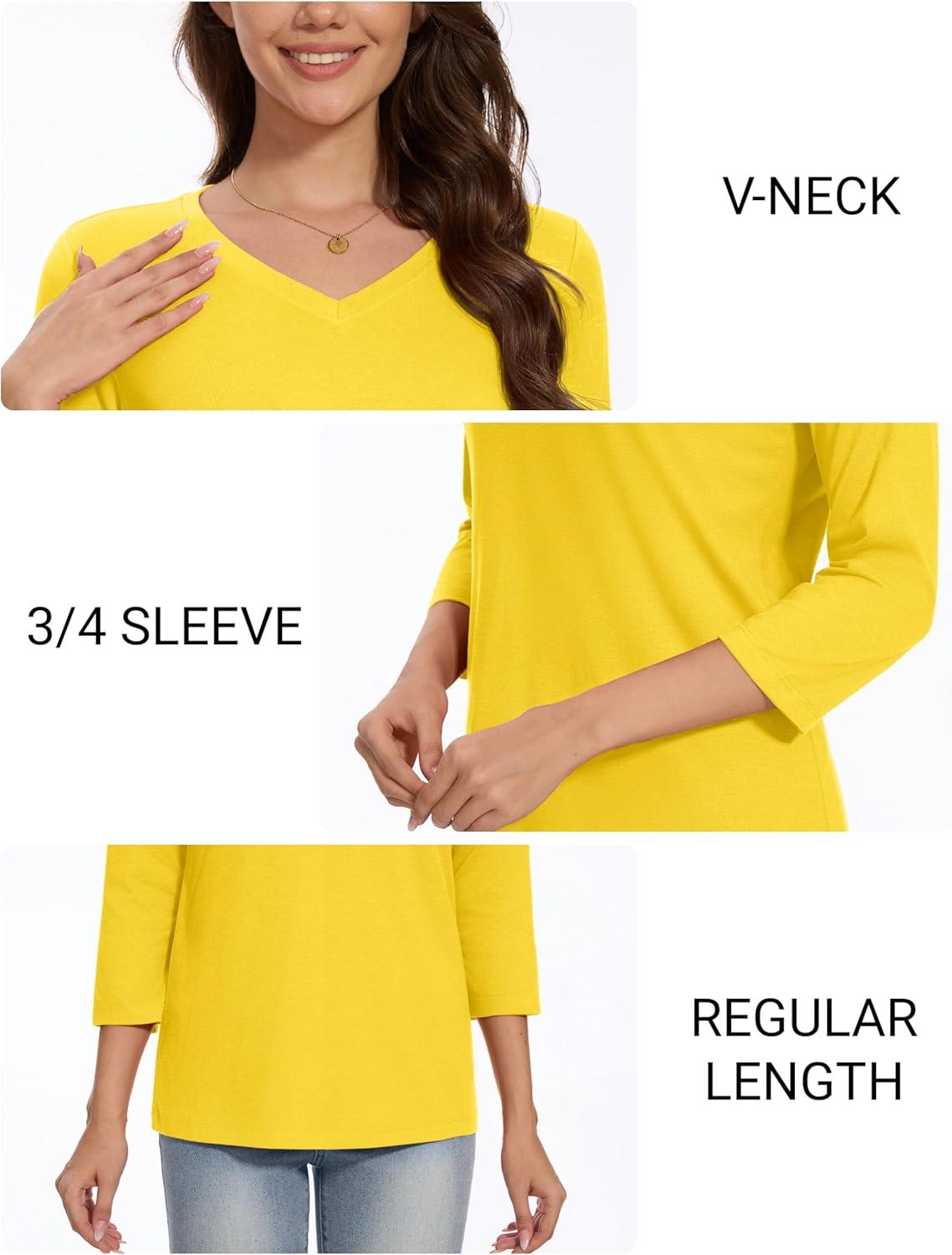 imageMAGCOMSEN 34 Sleeve T Shirts for Women V Neck Tshirts Cotton UPF50 Summer Tops Casual TShirts Basic Tees 2025Yellow