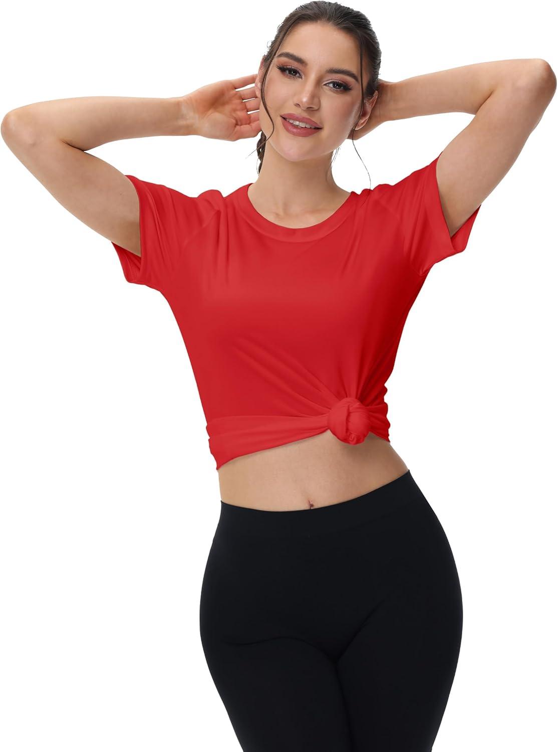 imageMAGCOMSEN 4 Pack Womens Short Sleeve Workout TShirts UPF 50 Moisture Wicking Rash Guard Dry Fit Athletic Running TopsBlack  Navy  Tomato Red  Lake Blue