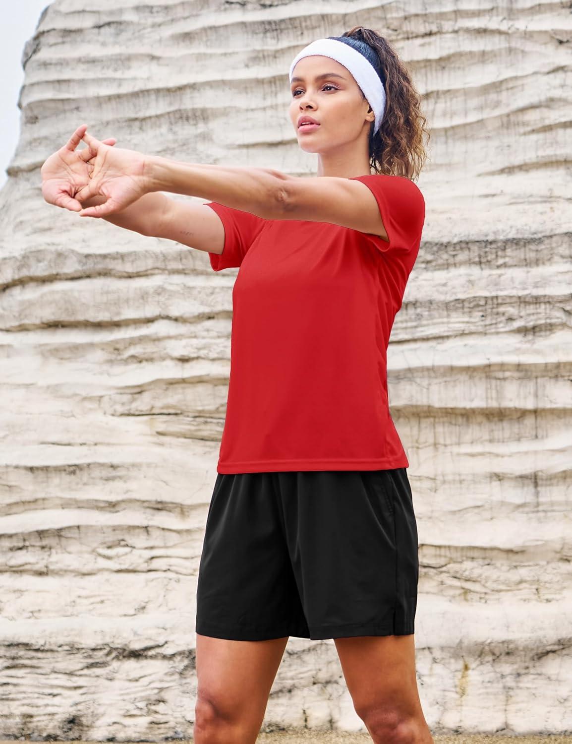 imageMAGCOMSEN 4 Pack Womens Short Sleeve Workout TShirts UPF 50 Moisture Wicking Rash Guard Dry Fit Athletic Running TopsBlack  Navy  Tomato Red  Lake Blue