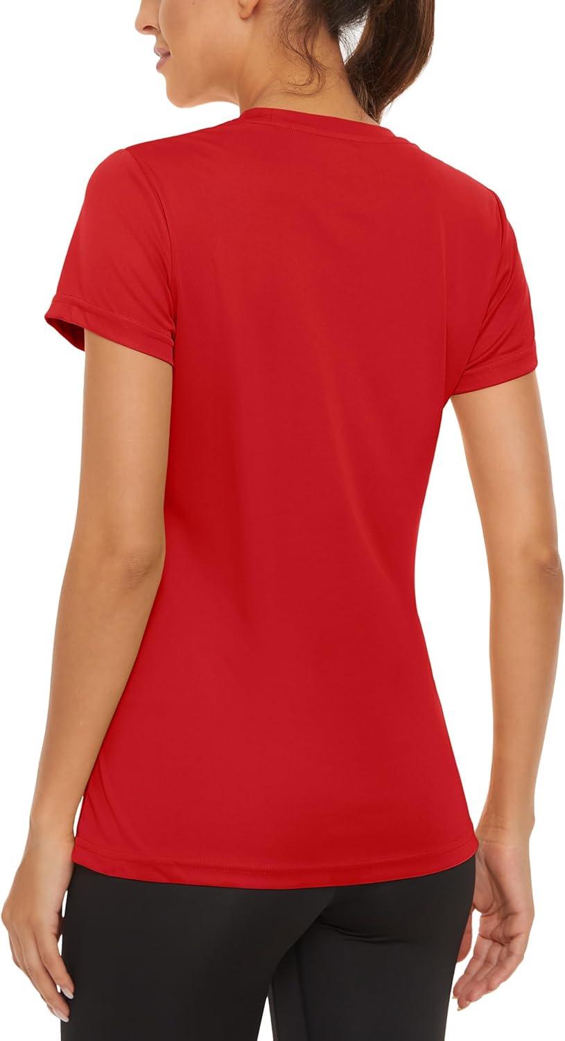 imageMAGCOMSEN 4 Pack Womens Short Sleeve Workout TShirts UPF 50 Moisture Wicking Rash Guard Dry Fit Athletic Running TopsBlack  Navy  Tomato Red  Lake Blue