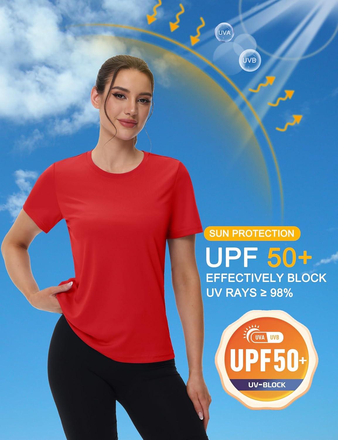 imageMAGCOMSEN 4 Pack Womens Short Sleeve Workout TShirts UPF 50 Moisture Wicking Rash Guard Dry Fit Athletic Running TopsBlack  Navy  Tomato Red  Lake Blue