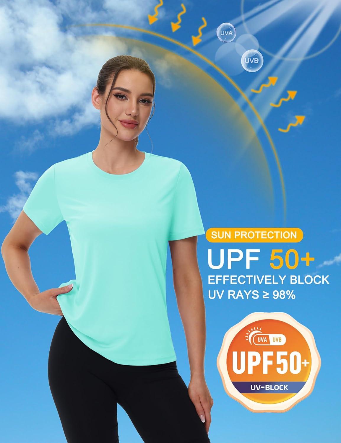 imageMAGCOMSEN 4 Pack Womens Short Sleeve Workout TShirts UPF 50 Moisture Wicking Rash Guard Dry Fit Athletic Running TopsBlack  White  Lake Blue  Light Pink