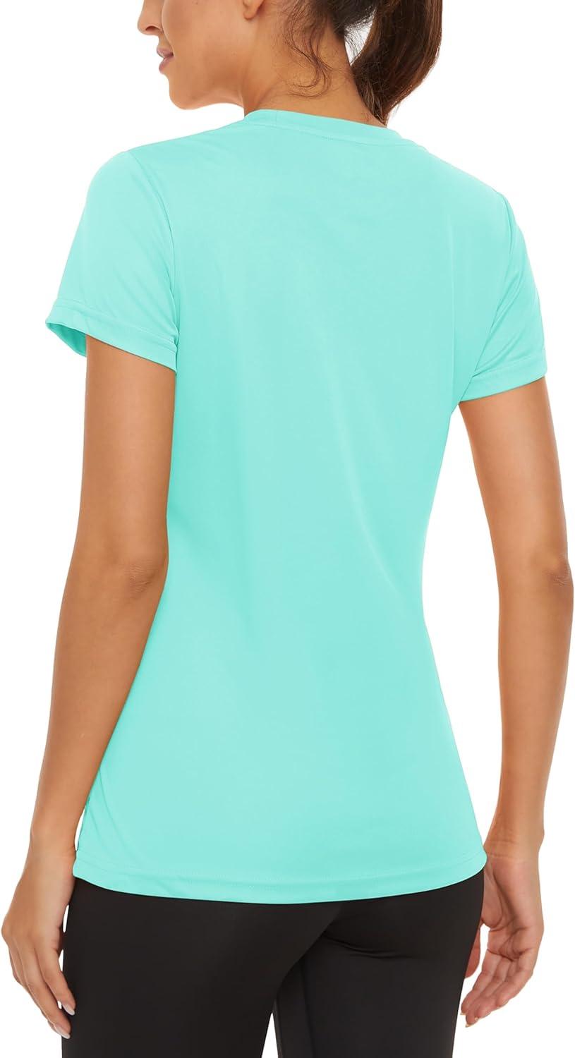 imageMAGCOMSEN 4 Pack Womens Short Sleeve Workout TShirts UPF 50 Moisture Wicking Rash Guard Dry Fit Athletic Running TopsBlack  White  Lake Blue  Light Pink