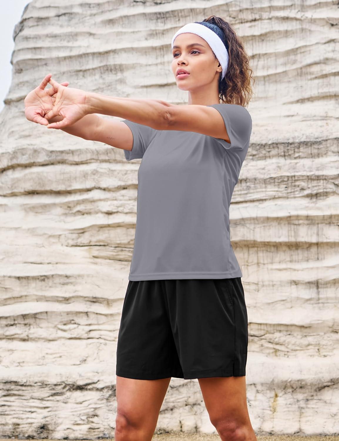 imageMAGCOMSEN 4 Pack Womens Short Sleeve Workout TShirts UPF 50 Moisture Wicking Rash Guard Dry Fit Athletic Running TopsBlack  White  Light Gray  Tomato Red