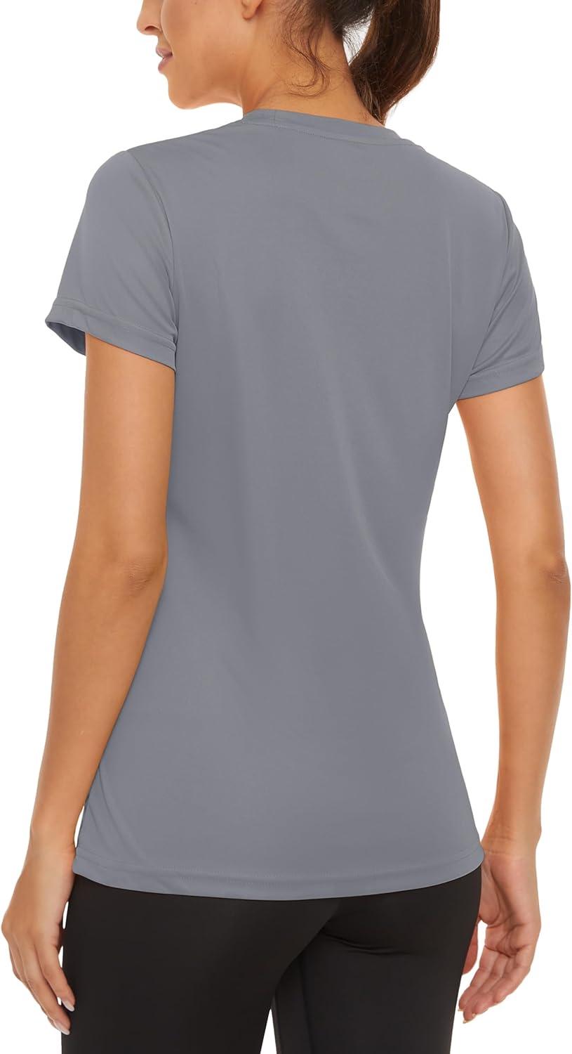 imageMAGCOMSEN 4 Pack Womens Short Sleeve Workout TShirts UPF 50 Moisture Wicking Rash Guard Dry Fit Athletic Running TopsBlack  White  Light Gray  Tomato Red