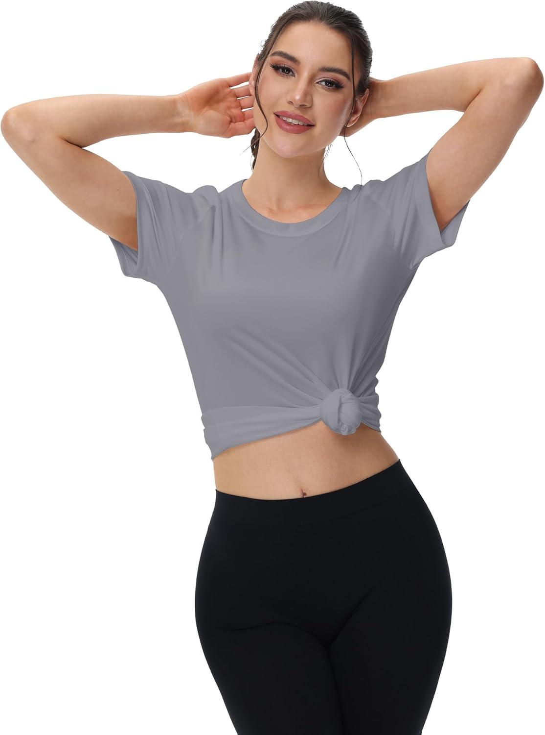 imageMAGCOMSEN 4 Pack Womens Short Sleeve Workout TShirts UPF 50 Moisture Wicking Rash Guard Dry Fit Athletic Running TopsBlack  White  Light Gray  Tomato Red