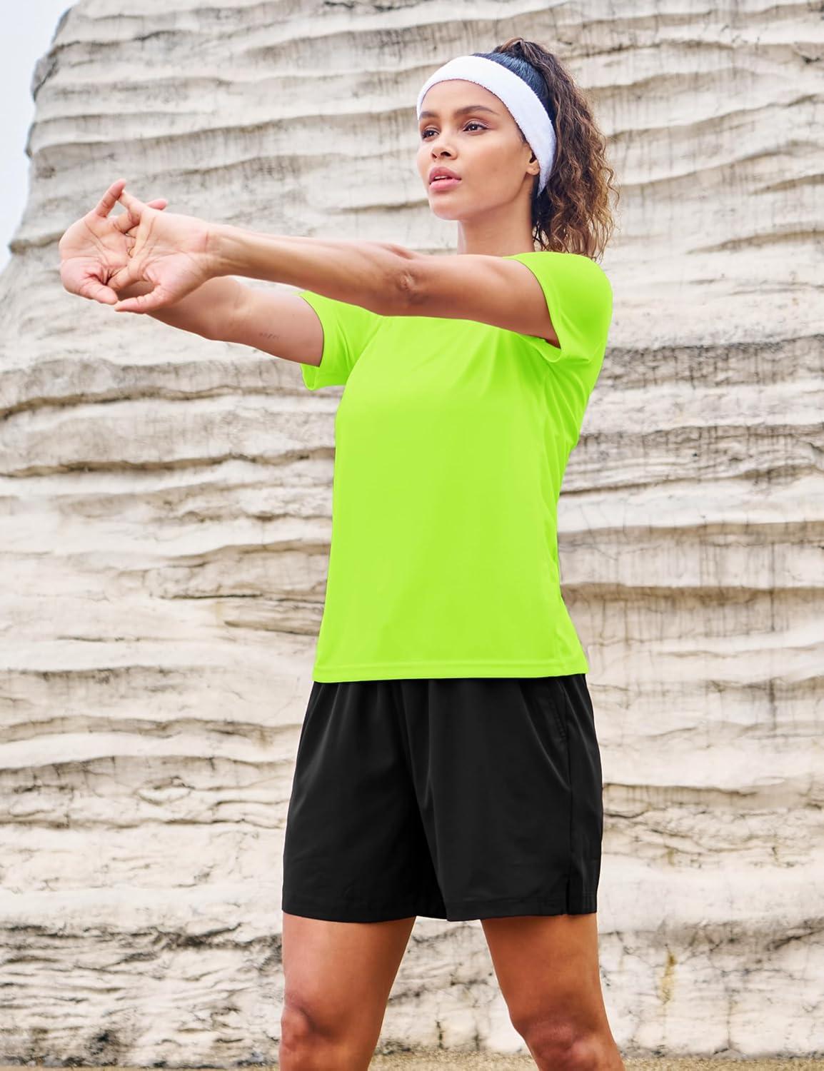 imageMAGCOMSEN 4 Pack Womens Short Sleeve Workout TShirts UPF 50 Moisture Wicking Rash Guard Dry Fit Athletic Running TopsBlack  White  Navy  Fluorescent Green