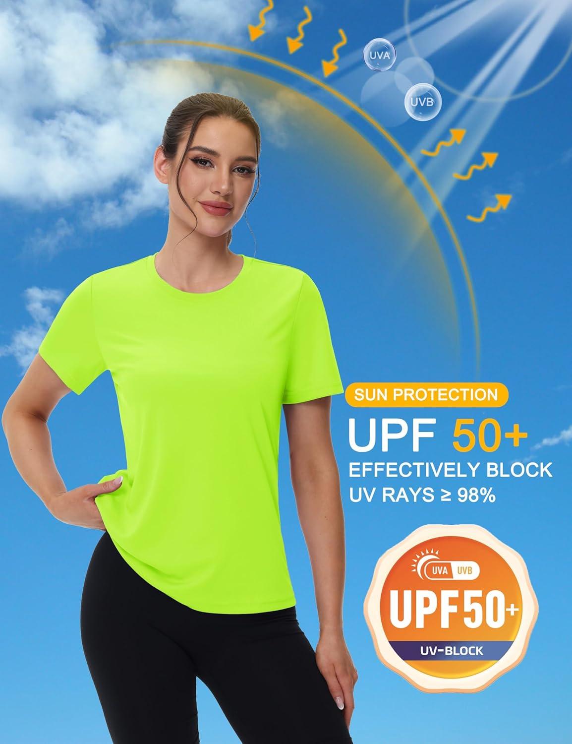 imageMAGCOMSEN 4 Pack Womens Short Sleeve Workout TShirts UPF 50 Moisture Wicking Rash Guard Dry Fit Athletic Running TopsBlack  White  Navy  Fluorescent Green
