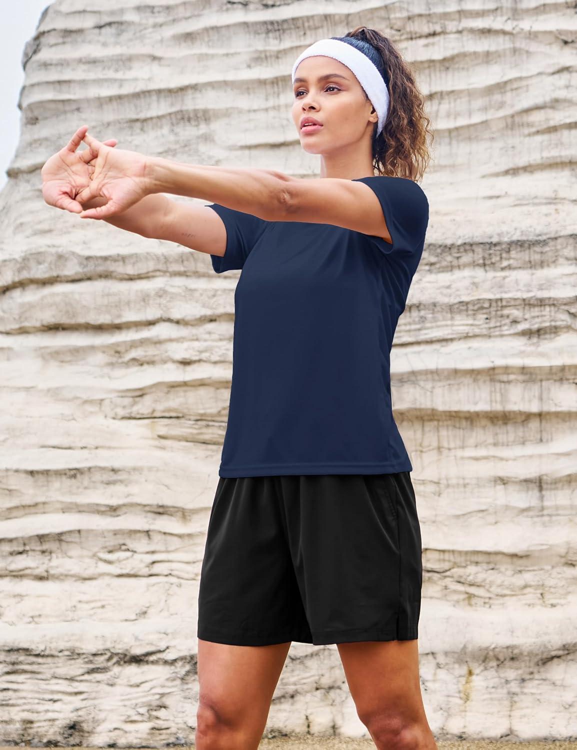 imageMAGCOMSEN 4 Pack Womens Short Sleeve Workout TShirts UPF 50 Moisture Wicking Rash Guard Dry Fit Athletic Running TopsBlack  White  Navy  Light Gray