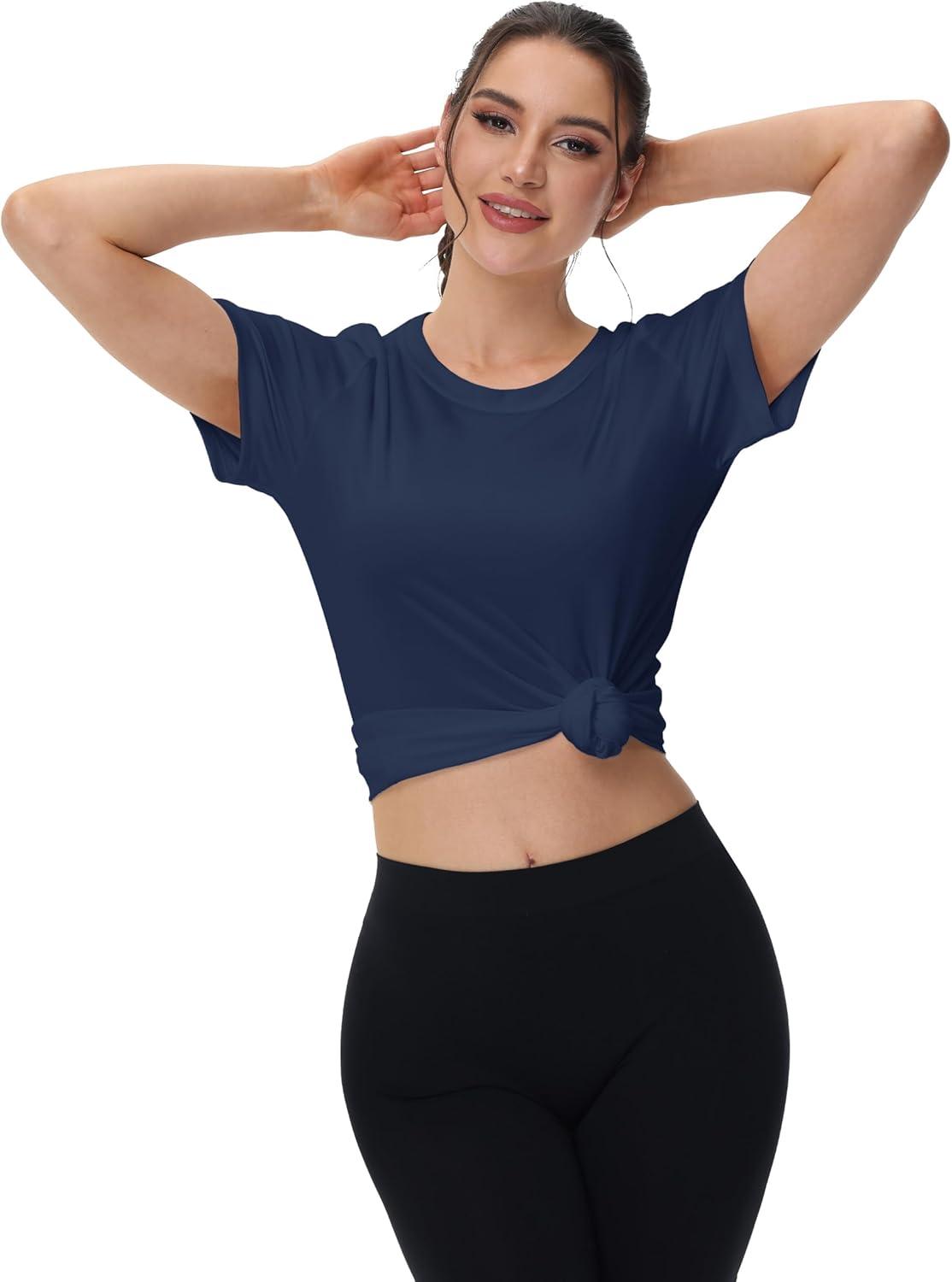 imageMAGCOMSEN 4 Pack Womens Short Sleeve Workout TShirts UPF 50 Moisture Wicking Rash Guard Dry Fit Athletic Running TopsBlack  White  Navy  Light Gray