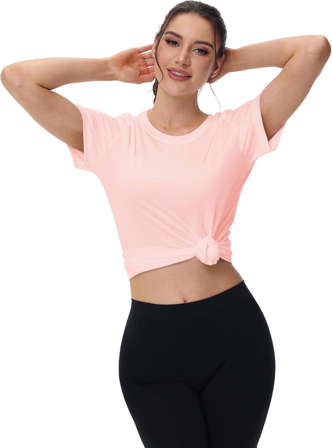 imageMAGCOMSEN 4 Pack Womens Short Sleeve Workout TShirts UPF 50 Moisture Wicking Rash Guard Dry Fit Athletic Running TopsBlack  White  Navy  Light Pink