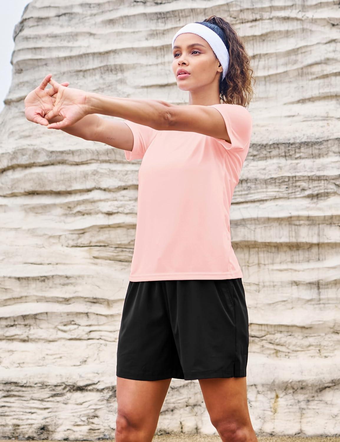 imageMAGCOMSEN 4 Pack Womens Short Sleeve Workout TShirts UPF 50 Moisture Wicking Rash Guard Dry Fit Athletic Running TopsBlack  White  Navy  Light Pink