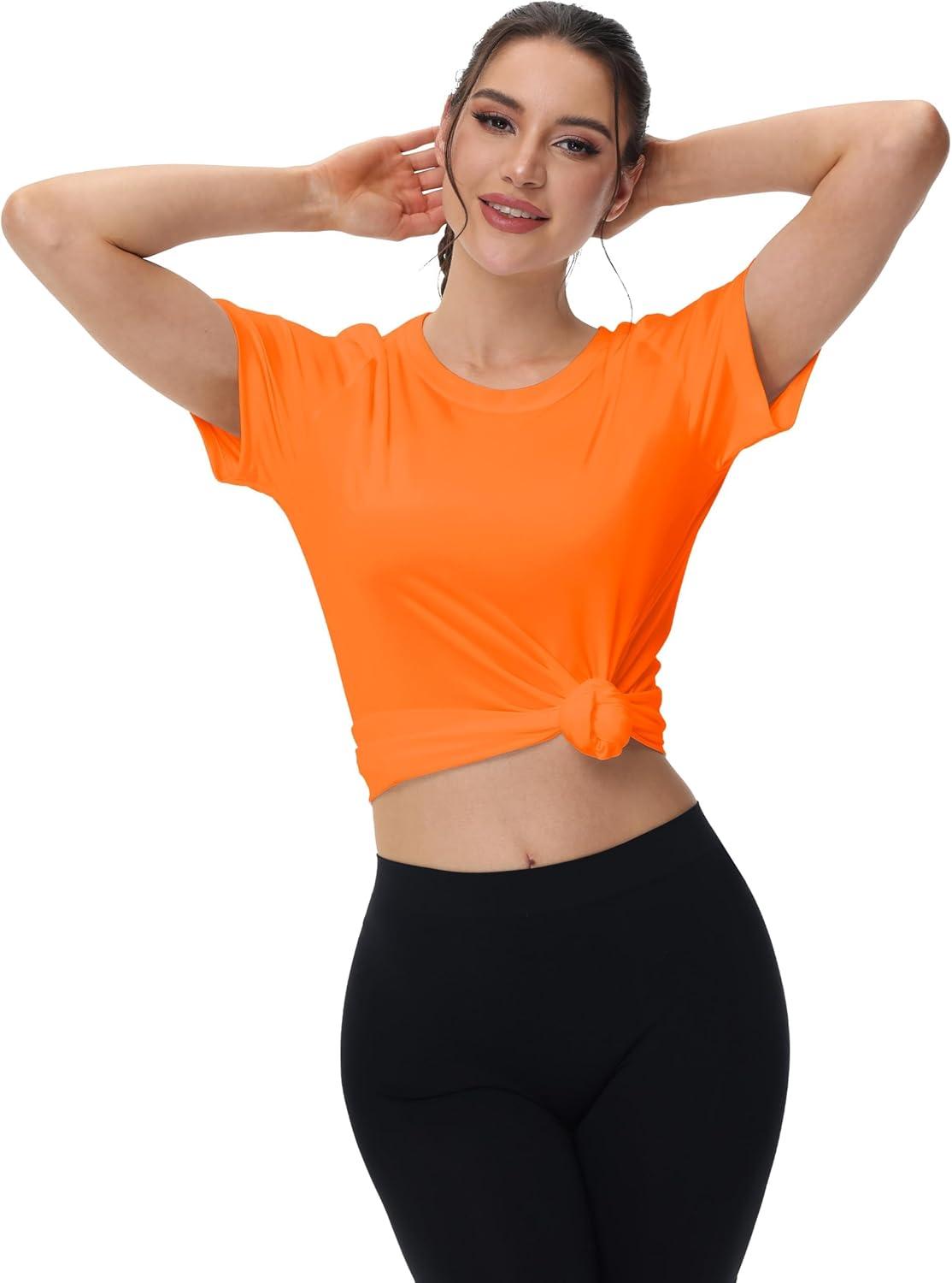 imageMAGCOMSEN 4 Pack Womens Short Sleeve Workout TShirts UPF 50 Moisture Wicking Rash Guard Dry Fit Athletic Running TopsWhite  Black  Fluorescent Orange  Fluorescent Green