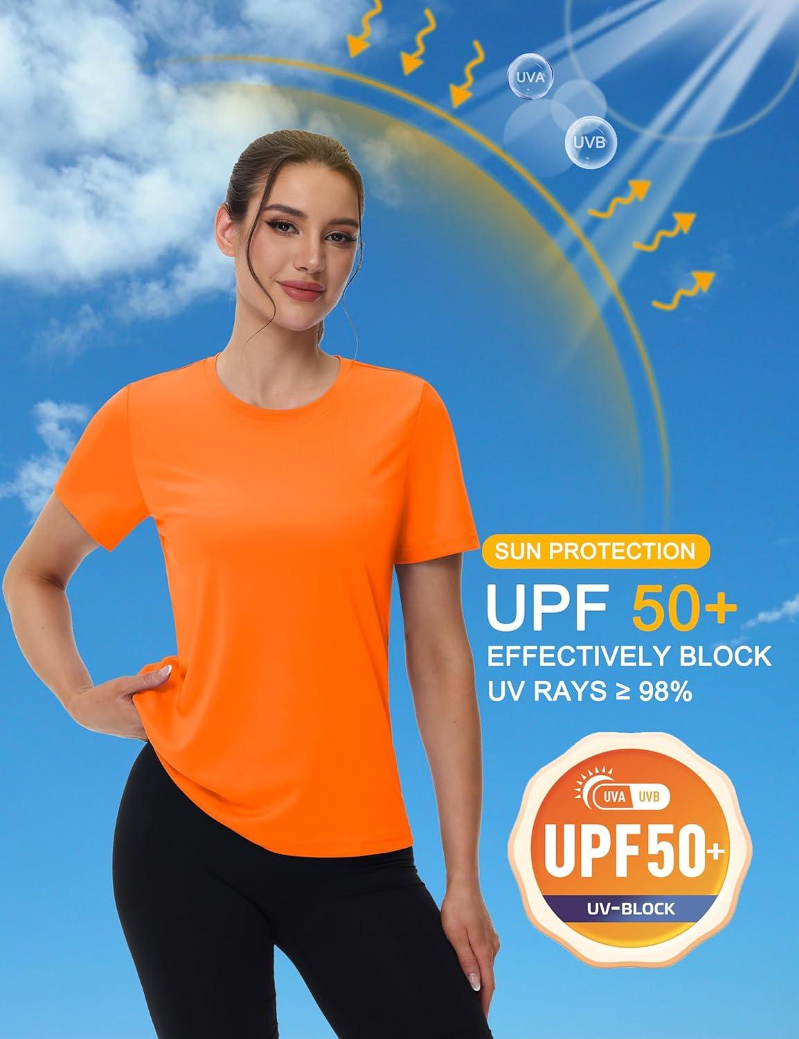 imageMAGCOMSEN 4 Pack Womens Short Sleeve Workout TShirts UPF 50 Moisture Wicking Rash Guard Dry Fit Athletic Running TopsWhite  Black  Fluorescent Orange  Fluorescent Green