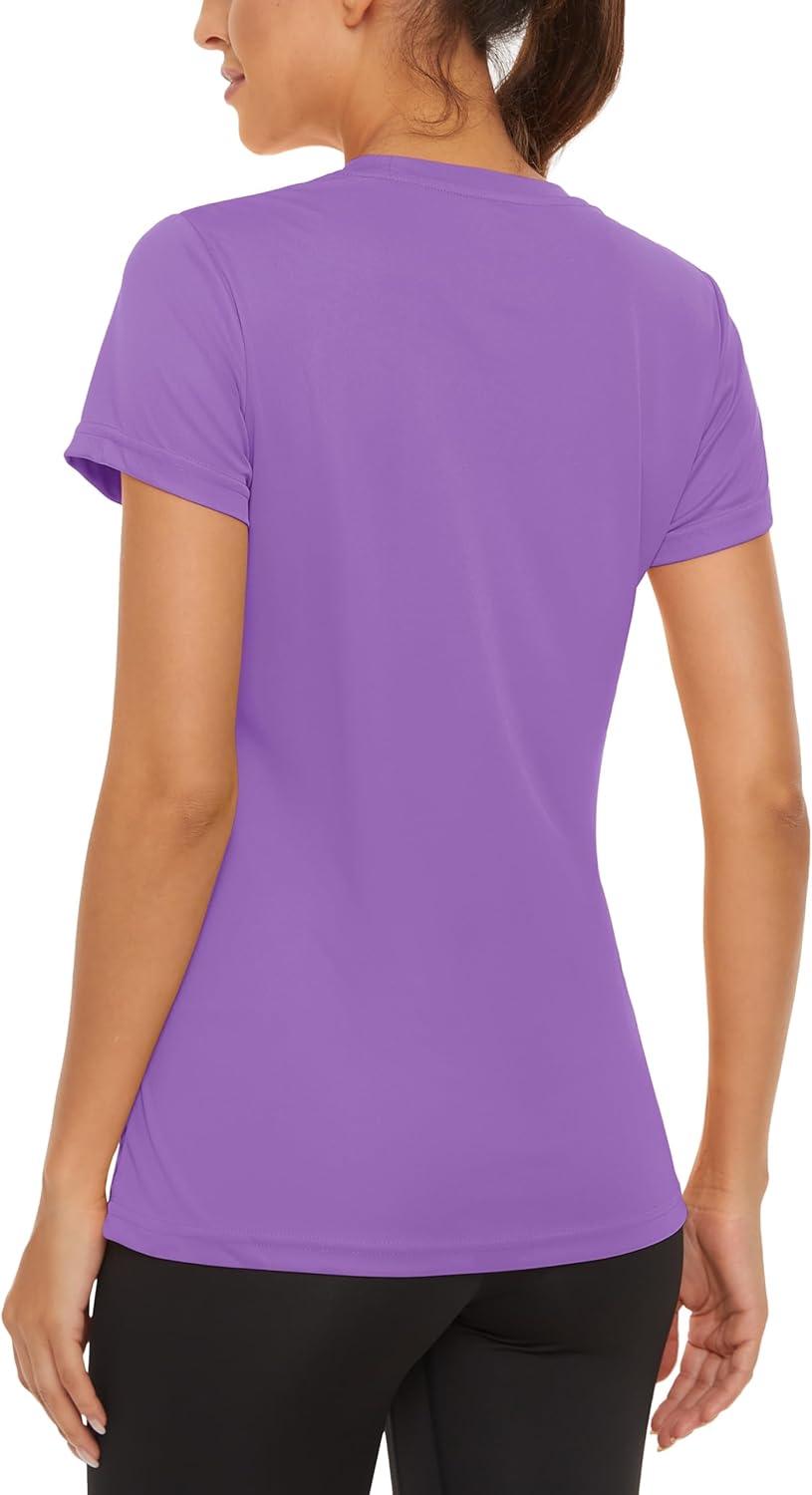 imageMAGCOMSEN 4 Pack Womens Short Sleeve Workout TShirts UPF 50 Moisture Wicking Rash Guard Dry Fit Athletic Running TopsWhite  Black  Light Gray  Light Purple