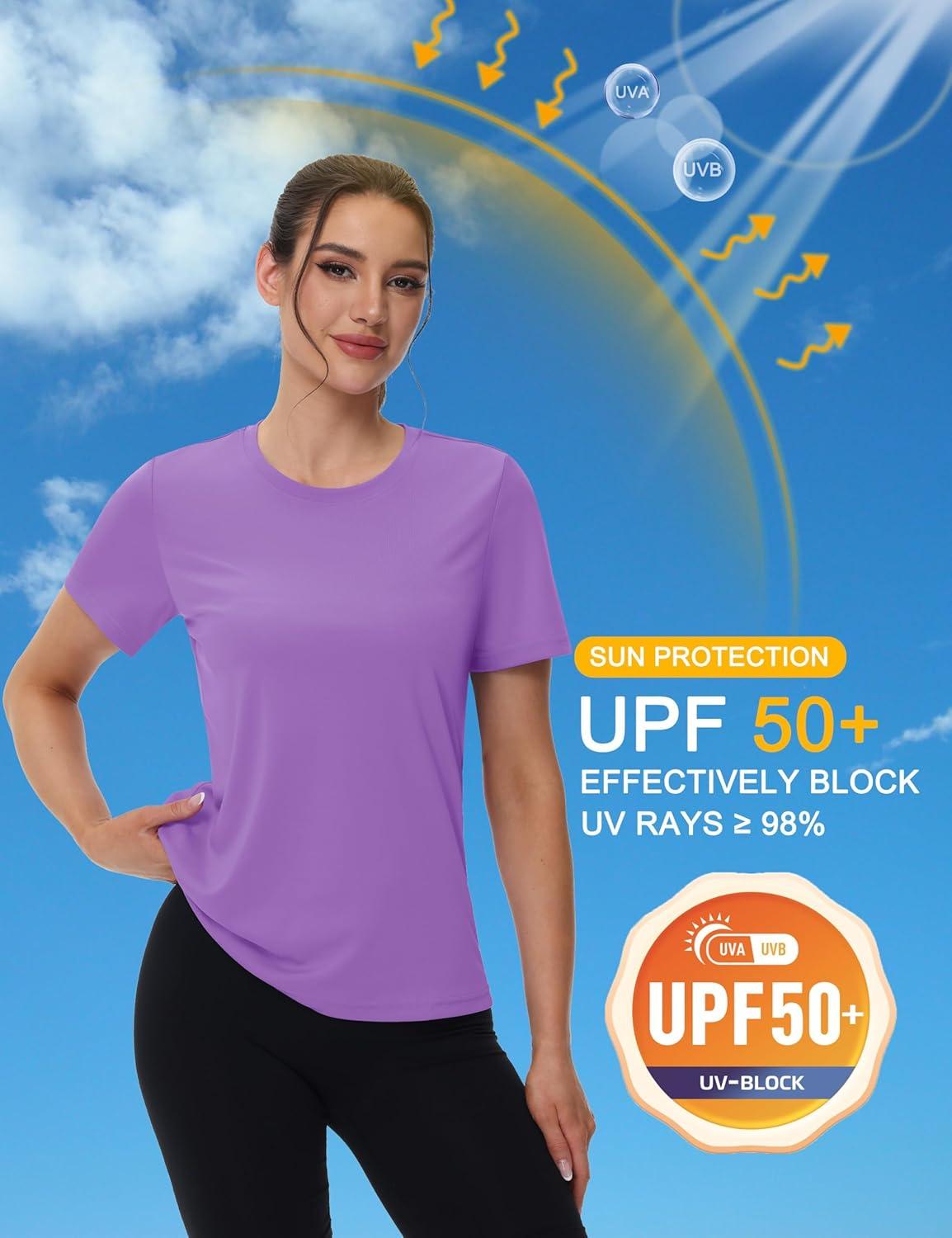 imageMAGCOMSEN 4 Pack Womens Short Sleeve Workout TShirts UPF 50 Moisture Wicking Rash Guard Dry Fit Athletic Running TopsWhite  Black  Light Gray  Light Purple