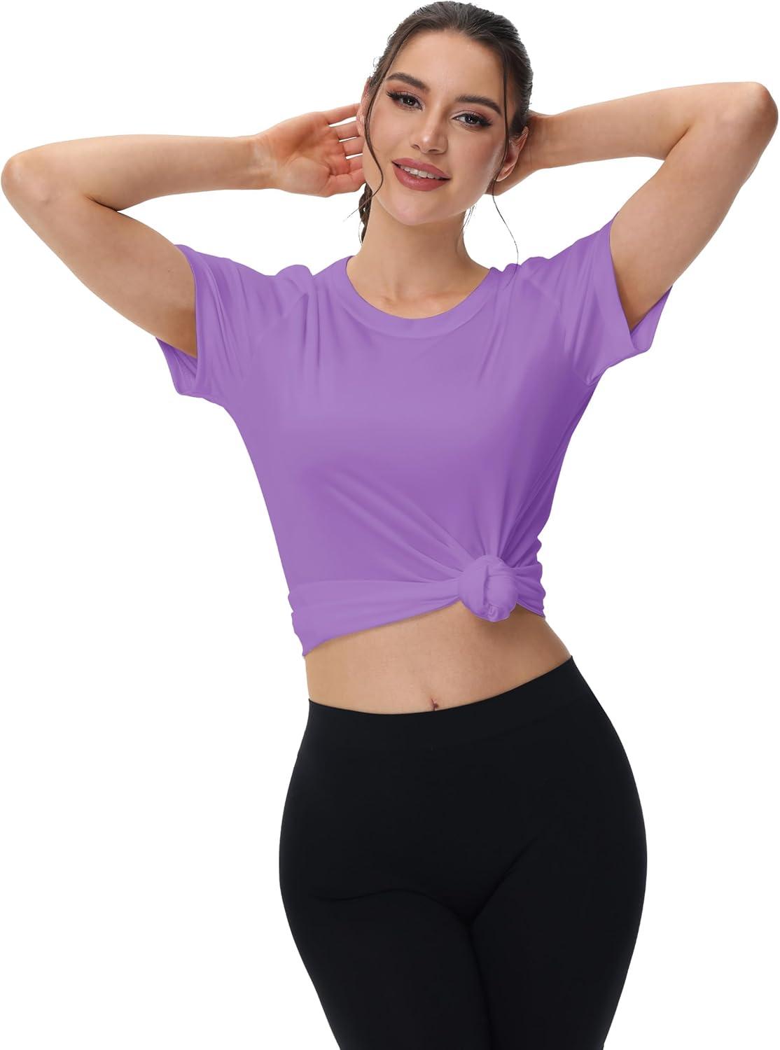 imageMAGCOMSEN 4 Pack Womens Short Sleeve Workout TShirts UPF 50 Moisture Wicking Rash Guard Dry Fit Athletic Running TopsWhite  Black  Light Gray  Light Purple