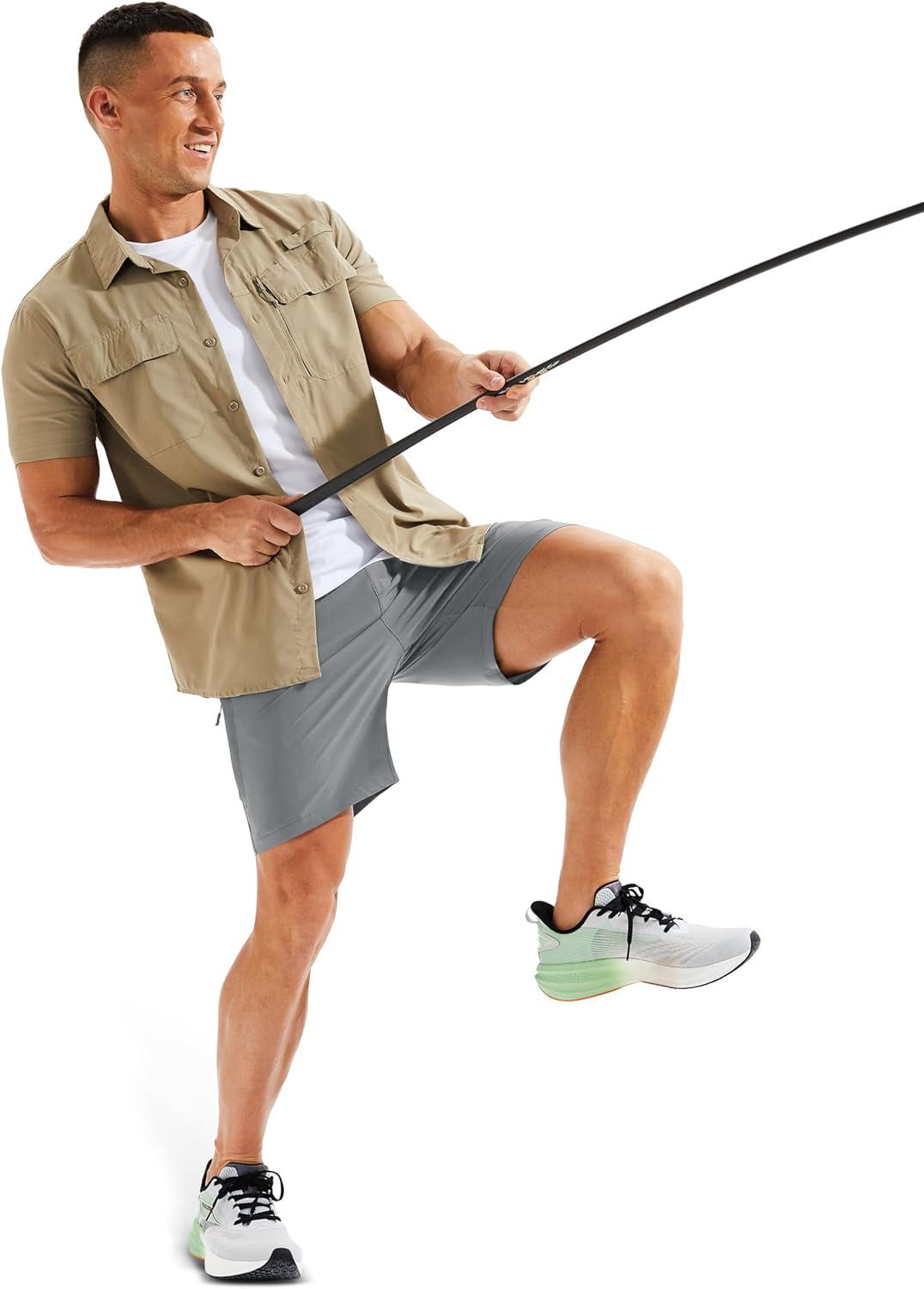 imageMAGCOMSEN Mens Hiking Shorts 7 Inch Quick Dry Lightweight Fishing Workout Athletic Water Resistant Shorts with Zipper PocketsLight Gray