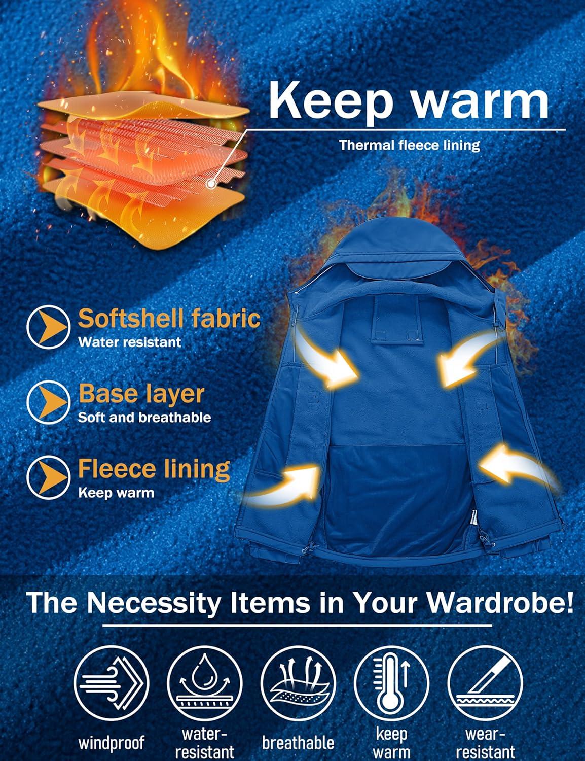 imageMAGCOMSEN Mens Tactical Jacket  8 Pockets Water Resistant Softshell Fleece Lined Winter Coat for SkiBright Blue