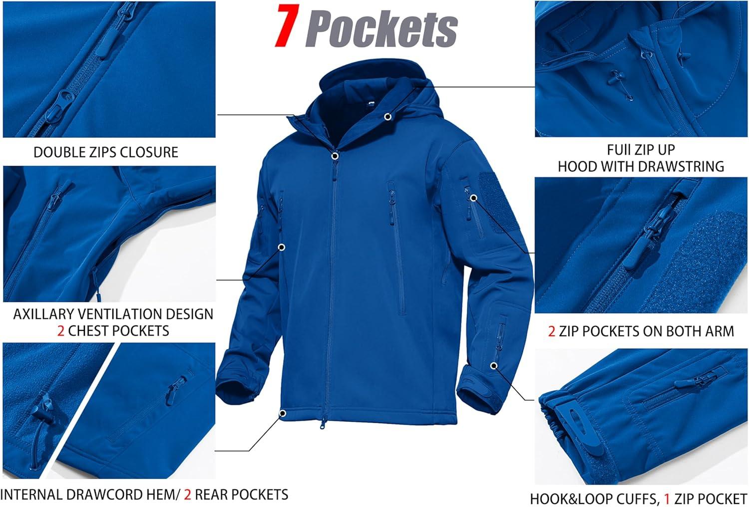imageMAGCOMSEN Mens Tactical Jacket  8 Pockets Water Resistant Softshell Fleece Lined Winter Coat for SkiBright Blue