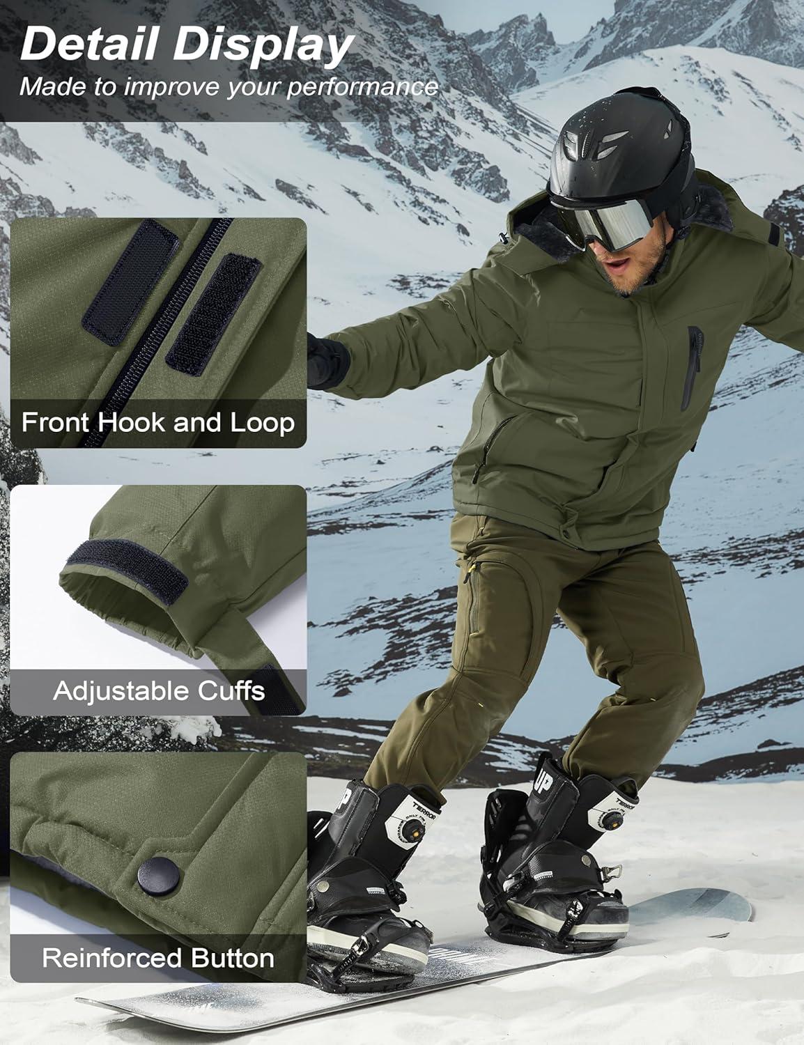 imageMAGCOMSEN Mens Winter Coats Ski Snow Water Resistant Jacket Warm Fleece Parka Raincoats with Hood for Hiking WorkArmy Green