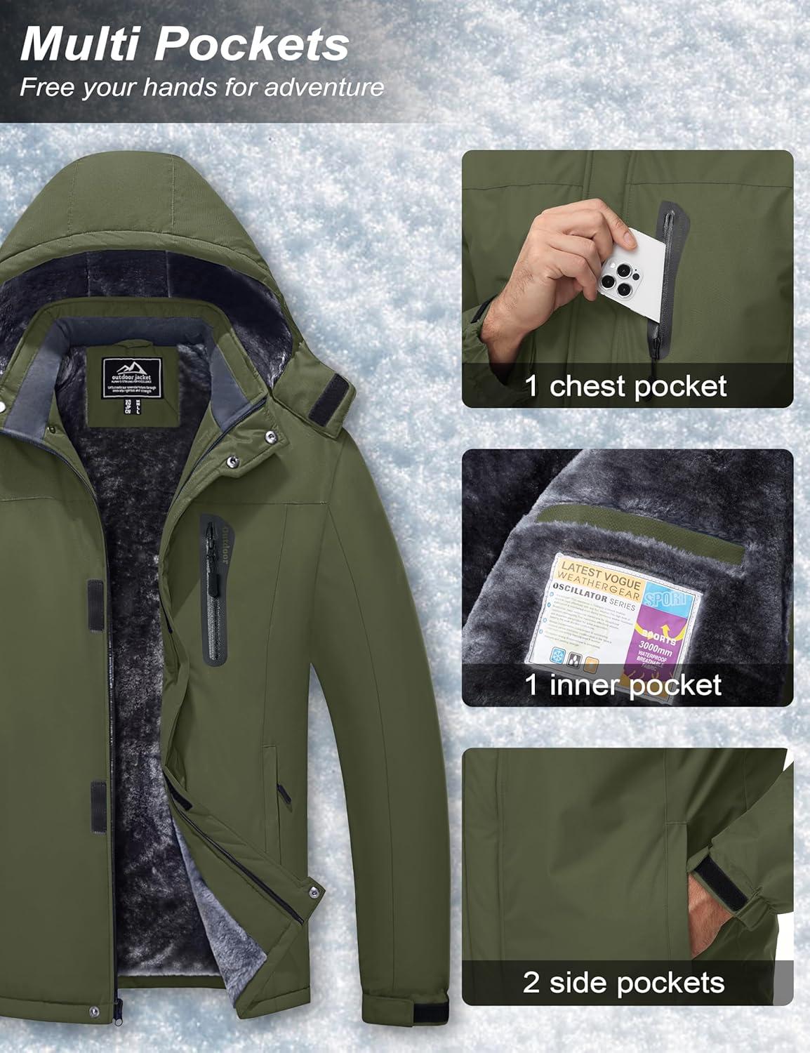 imageMAGCOMSEN Mens Winter Coats Ski Snow Water Resistant Jacket Warm Fleece Parka Raincoats with Hood for Hiking WorkArmy Green
