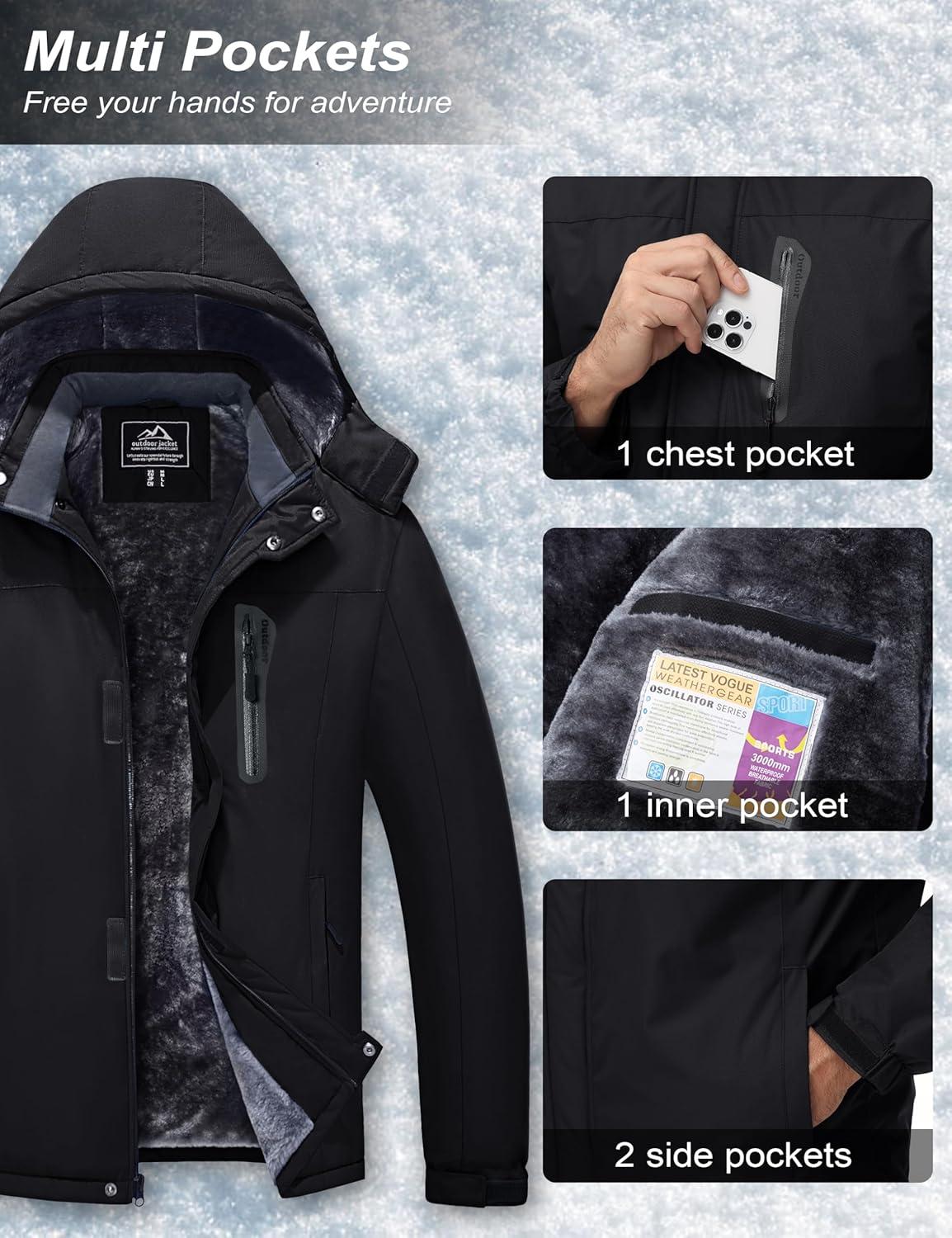 imageMAGCOMSEN Mens Winter Coats Ski Snow Water Resistant Jacket Warm Fleece Parka Raincoats with Hood for Hiking WorkBlack