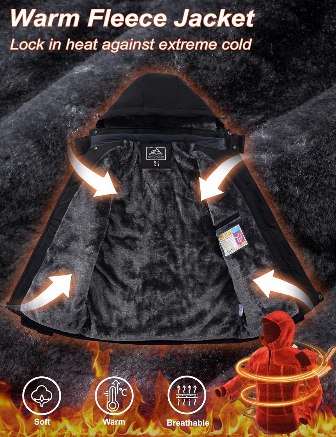 imageMAGCOMSEN Mens Winter Coats Ski Snow Water Resistant Jacket Warm Fleece Parka Raincoats with Hood for Hiking WorkBlack