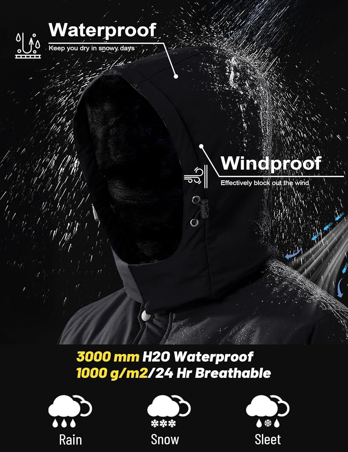 imageMAGCOMSEN Mens Winter Coats Ski Snow Water Resistant Jacket Warm Fleece Parka Raincoats with Hood for Hiking WorkBlack