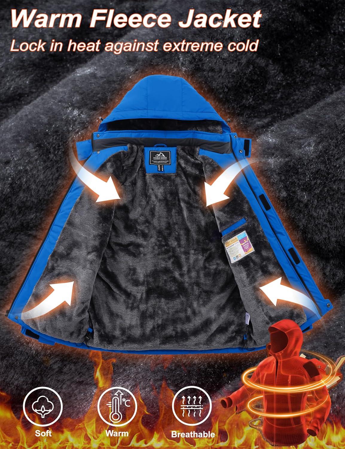 imageMAGCOMSEN Mens Winter Coats Ski Snow Water Resistant Jacket Warm Fleece Parka Raincoats with Hood for Hiking WorkBright Blue