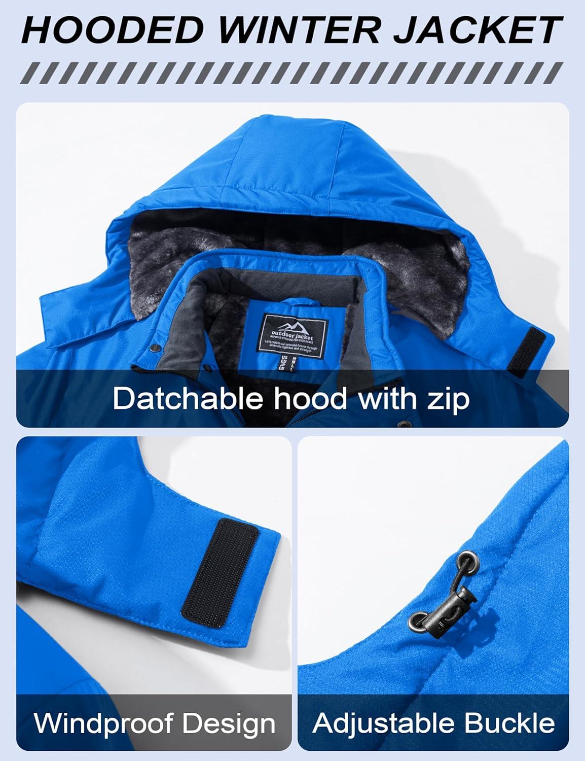 imageMAGCOMSEN Mens Winter Coats Ski Snow Water Resistant Jacket Warm Fleece Parka Raincoats with Hood for Hiking WorkBright Blue