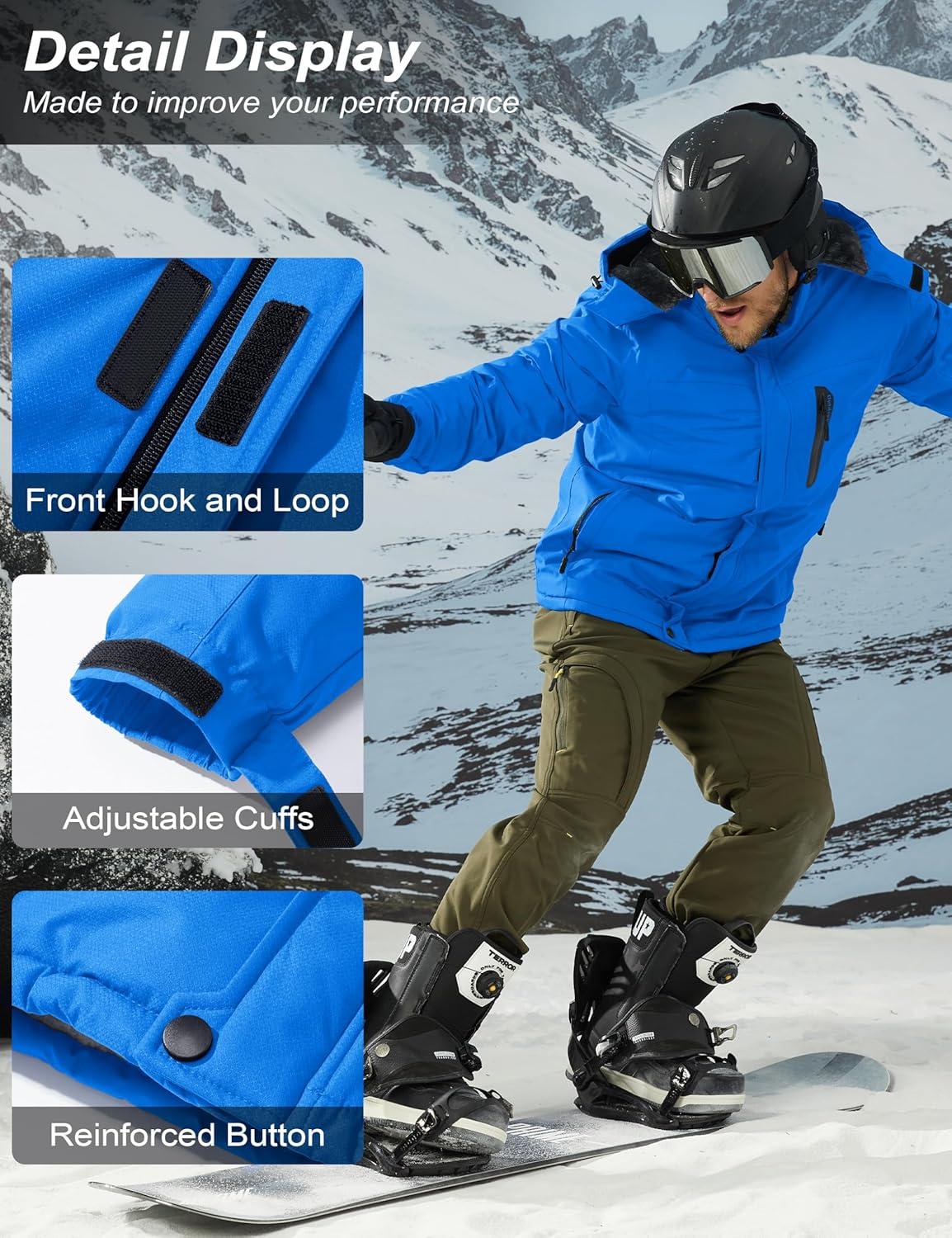 imageMAGCOMSEN Mens Winter Coats Ski Snow Water Resistant Jacket Warm Fleece Parka Raincoats with Hood for Hiking WorkBright Blue