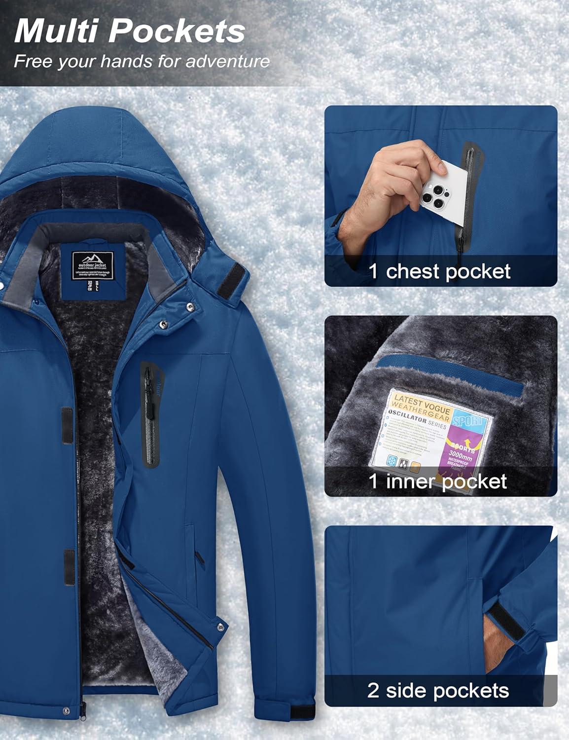 imageMAGCOMSEN Mens Winter Coats Ski Snow Water Resistant Jacket Warm Fleece Parka Raincoats with Hood for Hiking WorkDenim Blue