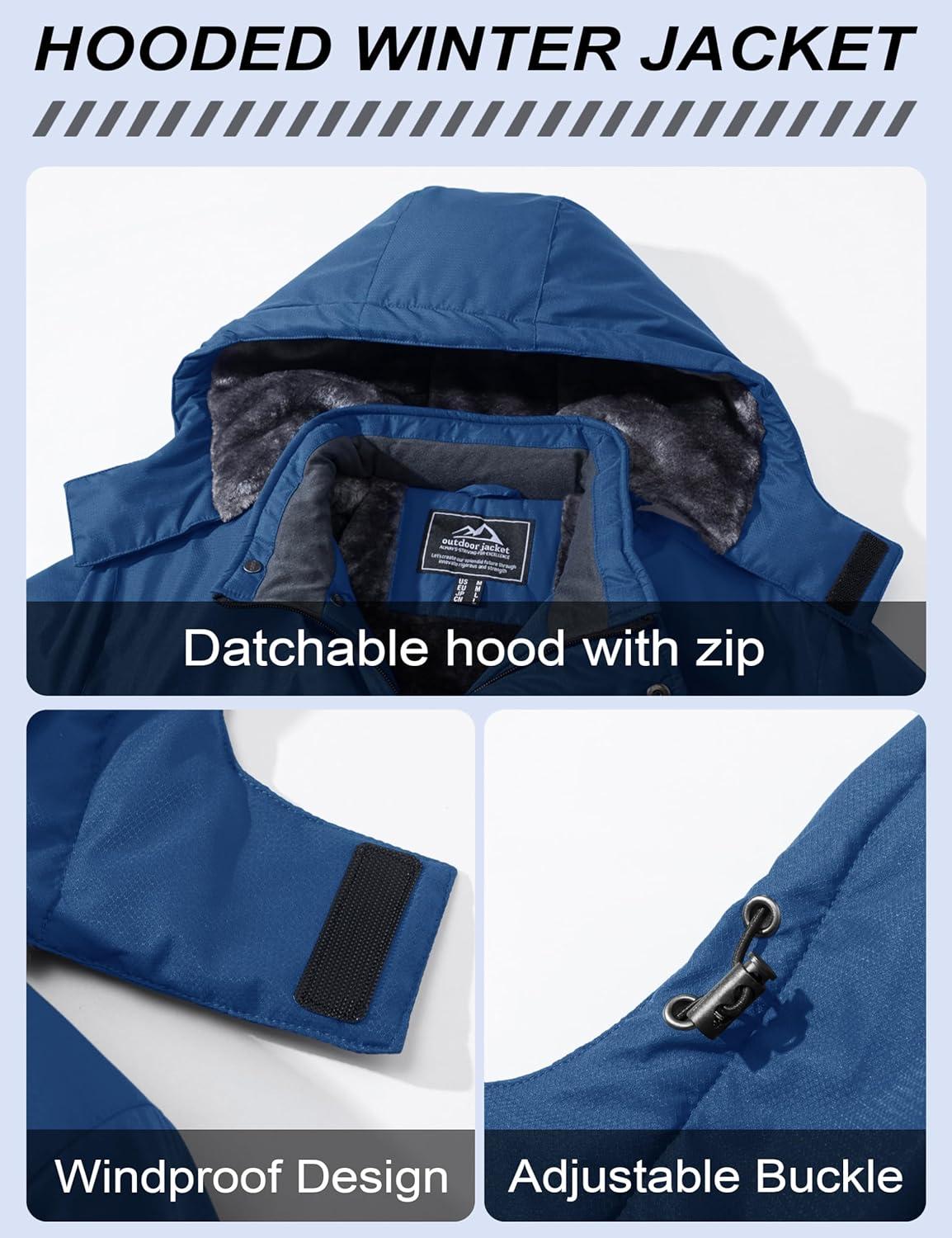 imageMAGCOMSEN Mens Winter Coats Ski Snow Water Resistant Jacket Warm Fleece Parka Raincoats with Hood for Hiking WorkDenim Blue