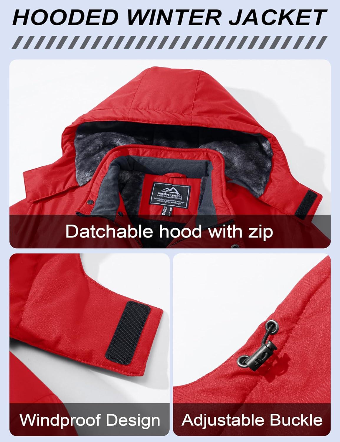 imageMAGCOMSEN Mens Winter Coats Ski Snow Water Resistant Jacket Warm Fleece Parka Raincoats with Hood for Hiking WorkRed