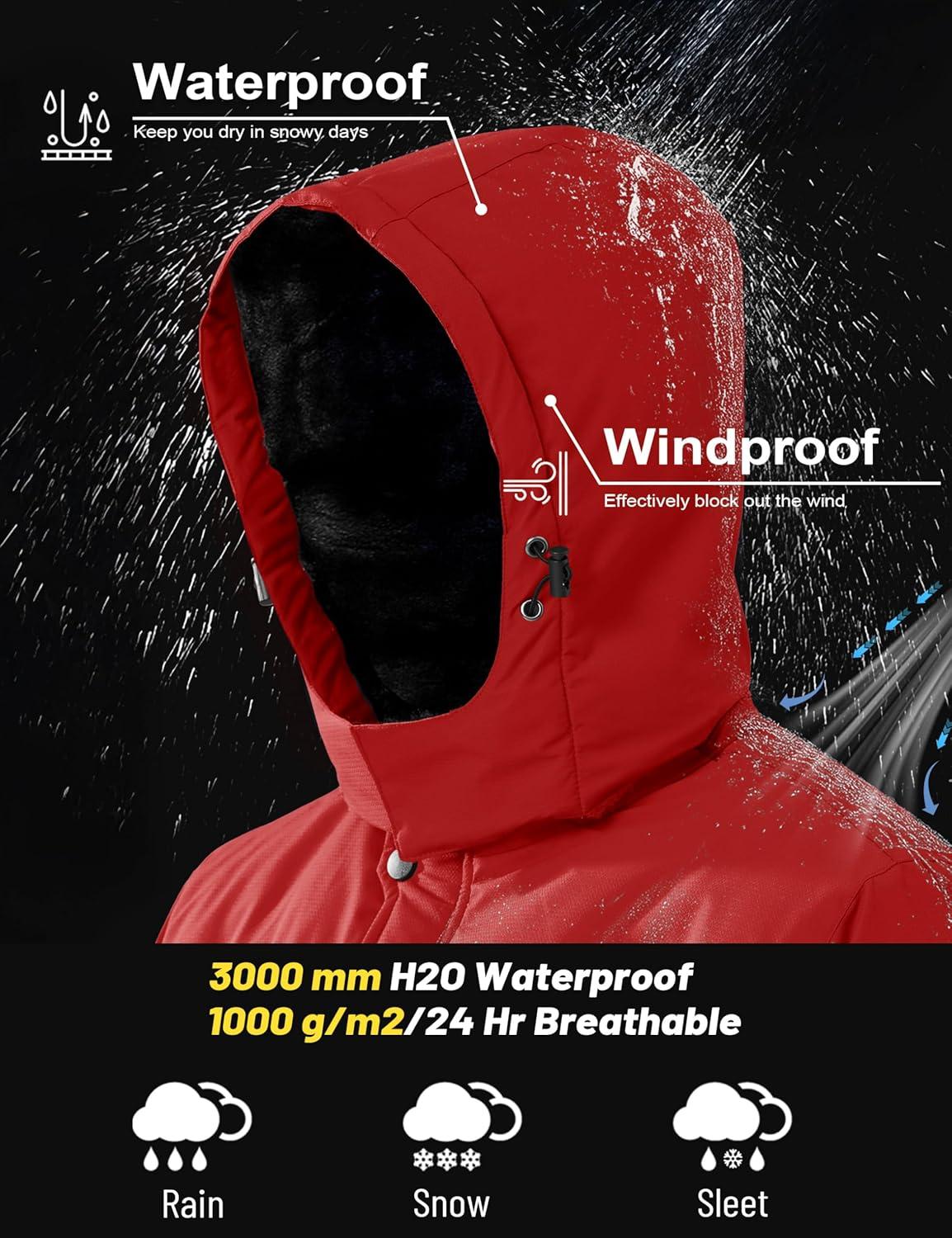 imageMAGCOMSEN Mens Winter Coats Ski Snow Water Resistant Jacket Warm Fleece Parka Raincoats with Hood for Hiking WorkRed