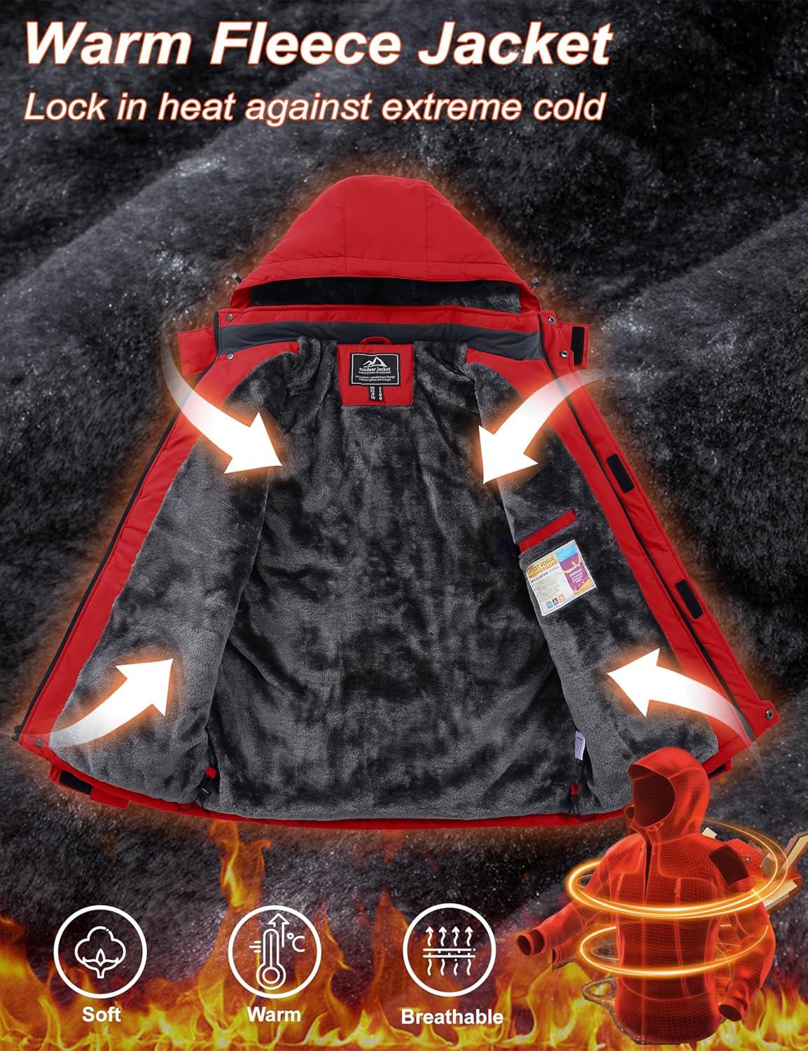 imageMAGCOMSEN Mens Winter Coats Ski Snow Water Resistant Jacket Warm Fleece Parka Raincoats with Hood for Hiking WorkRed