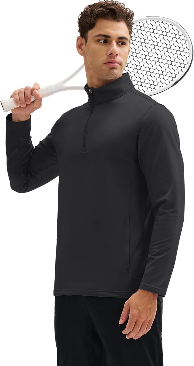 imageMAGCOMSEN Quarter Zip Pullover Men 14 Zip Golf Jacket Fleece Lined Water Resistant Sweatshirt 2 Zipper Pockets WinterBlack