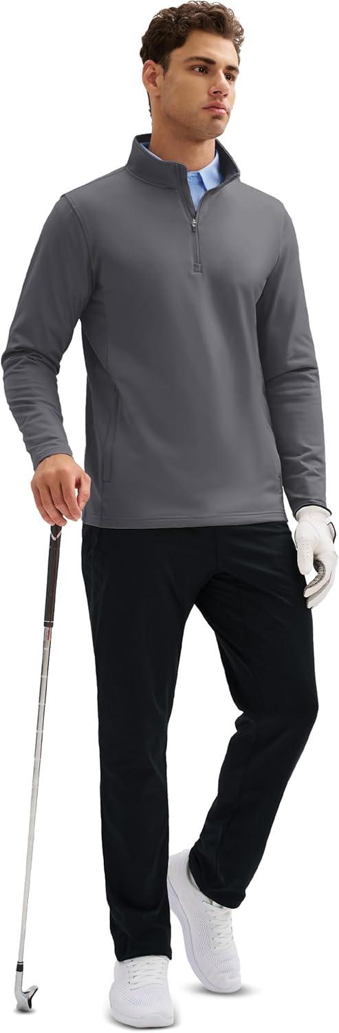 imageMAGCOMSEN Quarter Zip Pullover Men 14 Zip Golf Jacket Fleece Lined Water Resistant Sweatshirt 2 Zipper Pockets WinterDarkgrey