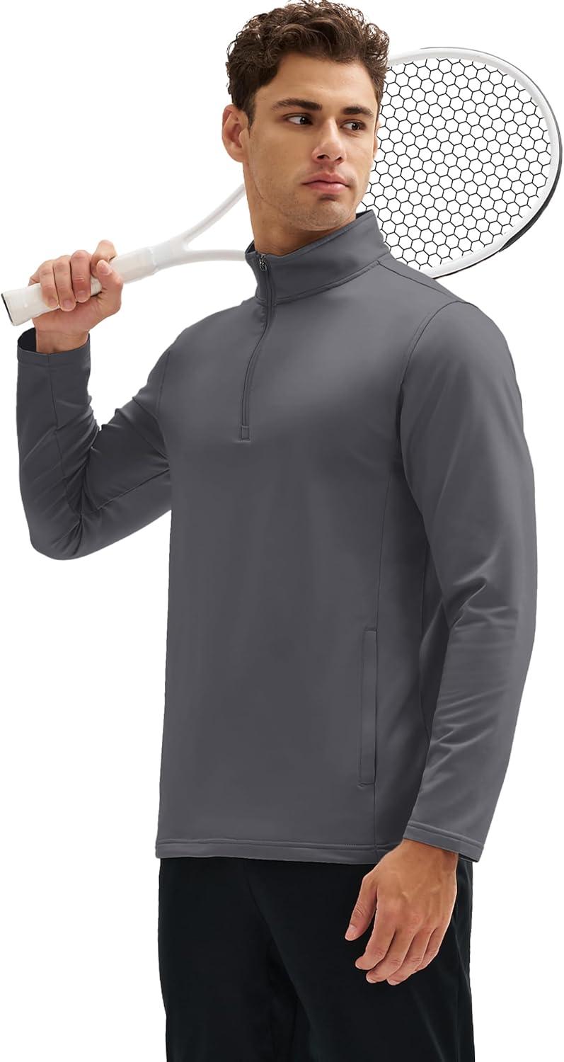 imageMAGCOMSEN Quarter Zip Pullover Men 14 Zip Golf Jacket Fleece Lined Water Resistant Sweatshirt 2 Zipper Pockets WinterDarkgrey