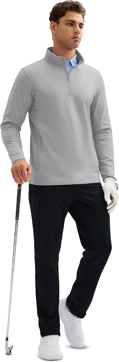 imageMAGCOMSEN Quarter Zip Pullover Men 14 Zip Golf Jacket Fleece Lined Water Resistant Sweatshirt 2 Zipper Pockets WinterLightgrey